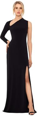 Long Jersey Asymmetrical Sleeve Gown (Black) Women's Dress