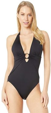 Deep V-Neck Halter One-Piece (Black) Women's Swimsuits One Piece