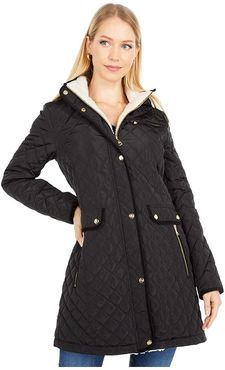 Big Small Diamond Quilted Coat w/ Hood (Black) Women's Coat