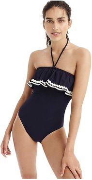 Ruffle Bandeau One-Piece Swimsuit in Pique Nylon with Rickrack (Navy) Women's Swimsuits One Piece