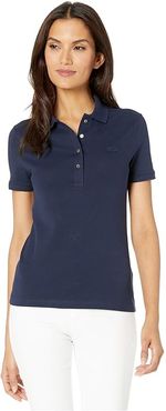 Short Sleeve Slim Fit Stretch Pique Polo (Navy Blue) Women's Clothing