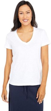 Slub Jersey Short Sleeve V-Neck Tee (White) Women's Clothing