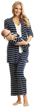 Analise Maternity/Nursing Mommy Me Five-Piece PJ Set (Navy Stripe) Women's Pajama Sets