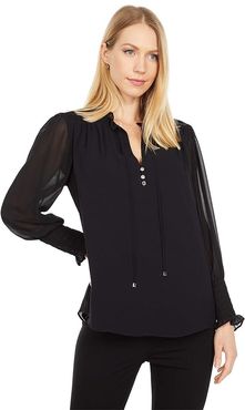 V-Neck Blouse with Smocking (Black) Women's Clothing