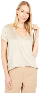 Luxe Suede Knit Babydoll V-Neck Tee (Chamois) Women's Clothing