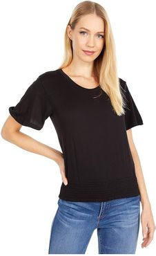 Petite Smock Waist Flutter Sleeve Top (Black) Women's Clothing