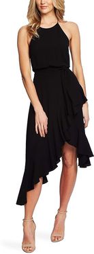 Sleeveless Cascading Ruffle Halter Dress (Rich Black) Women's Clothing