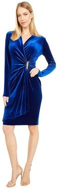 Long Sleeve Ruched Velvet Dress with Side Tab (Sapphire) Women's Dress