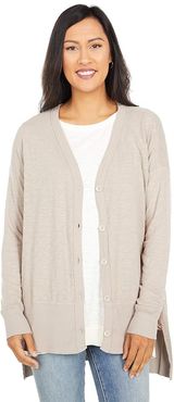 Slub Jersey High-Low Hem Cardigan with Rib Trim (Pebble) Women's Clothing