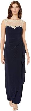 Long Sleeveless Side Ruched Dress with Embroidered Sweetheart Illusion Neckline (Navy/Nude) Women's Dress