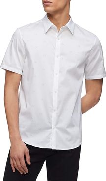 Short Sleeve Monogram Stretch Casual Button-Down Shirt (Brilliant White) Men's Clothing