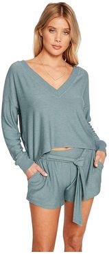 Cozy Knit Cropped Long Sleeve V-Neck Pullover (Succulent) Women's Clothing