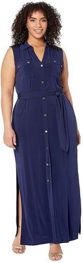 Plus Size Sleeveless Maxi Shirtdress (True Navy) Women's Dress