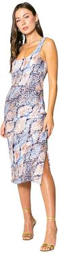 Blue Snake Printed Bias Midi Dress with Side Slit and Tie At the Back (Blue/Taupe) Women's Clothing