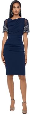 Short Ruched Crepe w/ Beaded Flutter Sleeve (Navy/Silver) Women's Dress