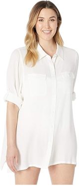 Plus Size Crinkle Rayon Cover-Up Camp Shirt (White) Women's Swimwear