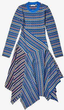 Long Sleeve Rib-Knit Midi Dress (French Blue Multi) Women's Clothing