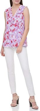 Sleeveless V-Neck Blouse w/ Buttons (Wisteria Red Multi) Women's Clothing