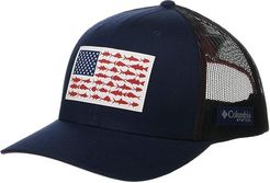 PFG Mesh Snapback Fish Flag Ball Cap (Collegiate Navy/Sunset Red) Caps
