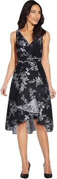 Pleated Bodice Wrap High-Low Jacquard Dress (Black/Silver) Women's Dress