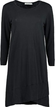 Slub Jersey 3/4 Sleeve Crossover Rib Hem Dress (Black) Women's Clothing