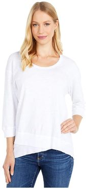 Slub Jersey 3/4 Sleeve Tee with Crossover Rib Hem (White) Women's Clothing