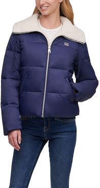 Quilted Puffer Jacket w/ Sherpa Lined Laydown Collar (Navy) Women's Clothing