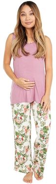 Jacqueline Maternity/Nursing Two-Piece Set (Beige Floral) Women's Pajama Sets