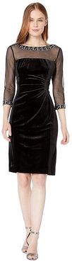 Stretch Velvet Cocktail Dress with Illusion Mesh and Beaded Sleeves and Neckline (Black) Women's Clothing