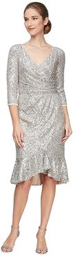 Short Sequin Dress w/ Ruffle Detail Skirt (Champagne) Women's Clothing