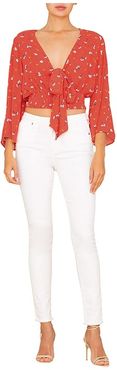 Front Tie Smocked Waist Blouse (Red) Women's Clothing
