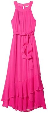 Belted Halter Neck Chiffon Dress with Ruffle Hem (Shocking Pink) Women's Dress