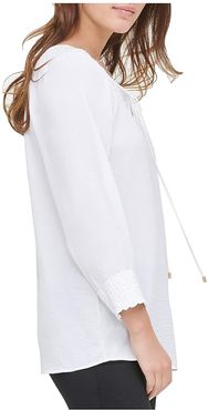 Smocked Long Sleeve Blouse w/ Tie (Soft White) Women's Clothing