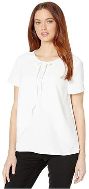 Short Sleeve Scalloped Moss Crepe Blouse with Bow (Soft Ecru) Women's Clothing