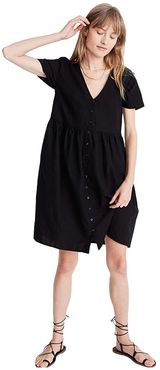 Linen Blend V-Neck Button-Front Mini Dress (True Black) Women's Clothing
