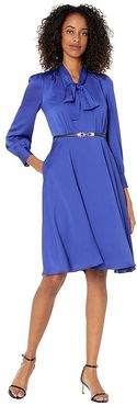 Long Sleeve Hammered Satin Tie Neck Belted Dress (Blue Iris) Women's Dress