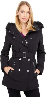 Double Breasted Softshell Coat with Belt and Faux Fur Hood (Black) Women's Coat