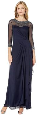 Long A-Line Dress with Beaded Sweetheart Illusion Neckline (Dark Navy) Women's Dress