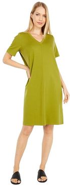 Organic Cotton Stretch Jersey V-Neck Short Sleeve Dress (Mustard Green) Women's Dress