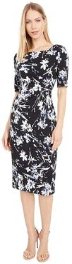 Square Neck Scuba Crepe Printed Dress (Black Iris Floral) Women's Dress