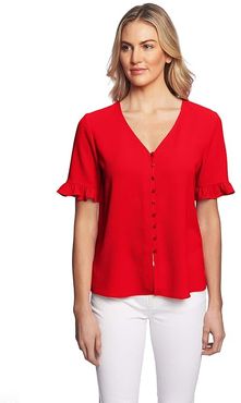 3/4 Sleeve Ruffled Button-Down Blouse (Cherry Rose) Women's Clothing