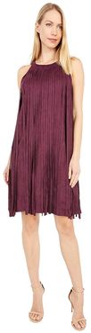 Dress w/ High Neckline and Self Suede Fringe 19-6278 (Wine) Women's Clothing