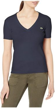 Short Sleeve 1X1 Rib Deep V-Neck T-Shirt (Navy Blue) Women's Clothing