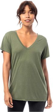 Melange Burnout Jersey Slinky V-Neck (Army Green) Women's Clothing