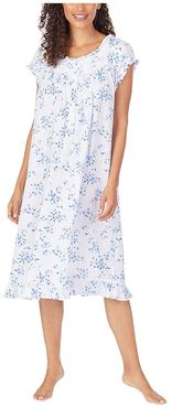 Cotton Modal Pointelle Knit Cap Sleeve Waltz Nightgown (White Ground Blue Mono Floral) Women's Clothing