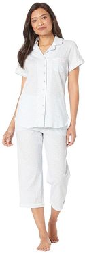 Cotton Jersey Knit Short Sleeve Notch Collar Capris Pajama Set (Aqua Print) Women's Pajama Sets
