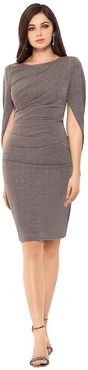 Short Rouched Metallic Knit Drape Back Sleeve (Taupe/Silver) Women's Dress