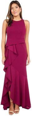 Sleeveless Long Knit Crepe Gown with Cascade Skirt Detail (Burgundy Glow) Women's Dress