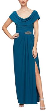 Long Cowl Neck A-Line Dress with Beaded Detail at Waist (Teal) Women's Dress