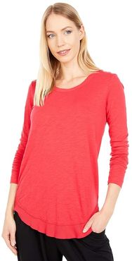 Long Sleeve Curved Hem Top in Slubbed Jersey (Lipstick) Women's Clothing